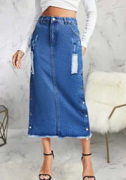 Women Rivet Stretch Denim Long Skirt -Women Fashion Shop e3edb97443633ba0