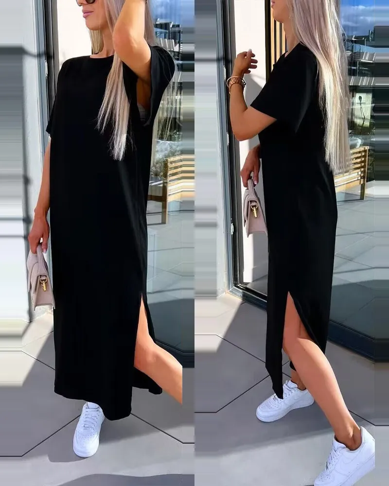 Solid Color Short-Sleeved Slit Casual Long Dress 4 Solid Color Short-Sleeved Slit Casual Long Dress - Image 2