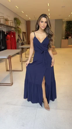 Women Suspender V-neck Tie-up Ruffled Slit Maxi Dress