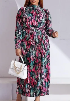 Plus Size Women'S Fall Winter Long Sleeve Printed Pleated Belt Maxi Dress -Women Fashion Shop e4b636896344f457