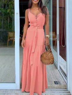 Women'S Slim Waist Solid Strap Maxi Dress -Women Fashion Shop e5d45a6d6a3f7a43