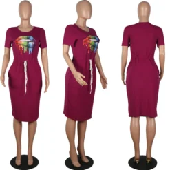 Classic Simple Casual Lip Drawstrings Waist Shirt Dress -Women Fashion Shop e5fe3435a4d78554