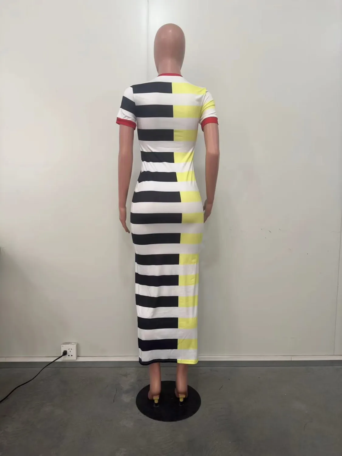 Women Round Neck Short Sleeve Slit Patchwork Striped Dress 13 Women Round Neck Short Sleeve Slit Patchwork Striped Dress - Image 11