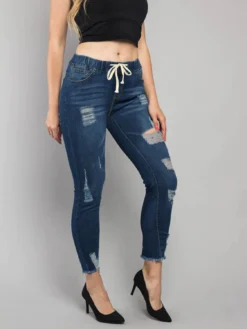 Women's Elastic Waist Ripped Denim Pants Women's Mid Rise Tie Slim Fit Stretch Tight Jeans -Women Fashion Shop e669bb9dc787477c