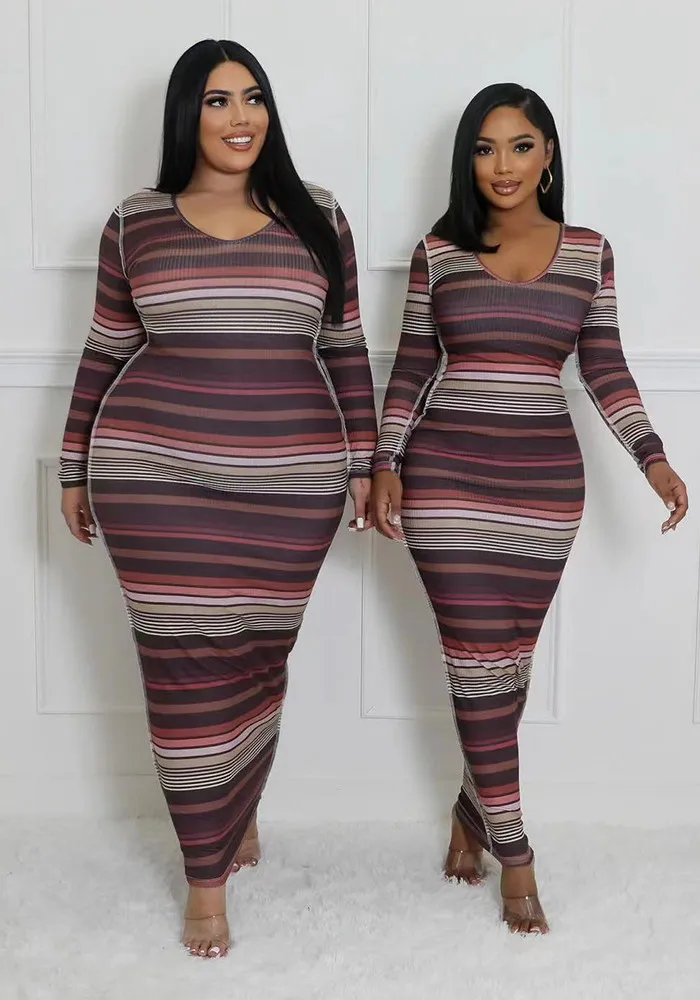 Women Ribbed Printed Stripe Round Neck Long Sleeve Dress 11 Women Ribbed Printed Stripe Round Neck Long Sleeve Dress - Image 9