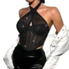 Women Sexy See-Through Patchwork Mesh Halter Neck Top -Women Fashion Shop e7c259432fbd35b8