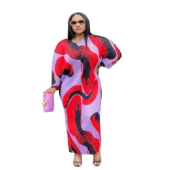 Women'S Round Neck Bat Sleeves Print Pleated Maxi Dress -Women Fashion Shop e7e57111161b0e04