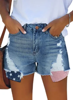 Women American Flag Ripped Tassel Denim Shorts -Women Fashion Shop e9db92088cd3cd46