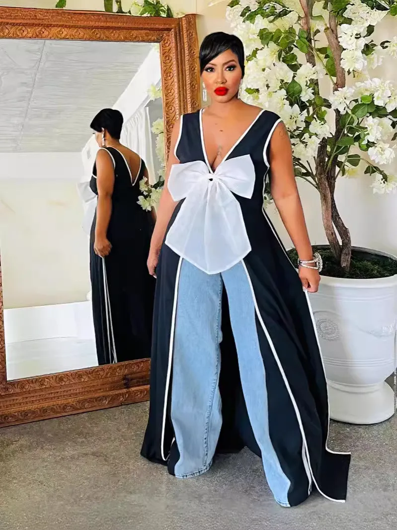 Women Sexy V Neck Big Bow Slit Dress 6 Women Sexy V Neck Big Bow Slit Dress - Image 4