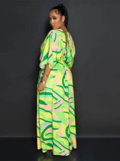 Womens Green Multicolor Vintage Print Double Slit Maxi Dress