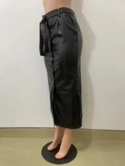 Autumn And Winter Mid-Length Black Pu Buckle Slit Casual Leather Skirt With Belt -Women Fashion Shop eaa416a44ea62587