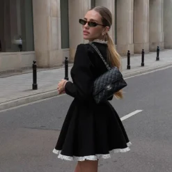 Chic Slim Contrast Color Ruffle Edge Long Sleeve A-Line Black Dress -Women Fashion Shop ed1cbbce39e1d409