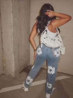 Women's Fashion Stretch Denim Fabric Flower Print Denim Trousers -Women Fashion Shop ed6ea560d5dec89f