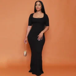 Formal Party Solid Color Square Collar A-line High Waist Slim Short-sleeved Mermaid Dress -Women Fashion Shop edeb06822c114ce9