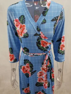 Autumn Three Quarter Sleeve Floral Printed Women's V Neck Maxi Dress -Women Fashion Shop edefa648c7fb1415