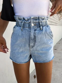 Women's Vintage High Waist Ruffle Elastic Waist Denim Shorts -Women Fashion Shop ef048681e753a55d