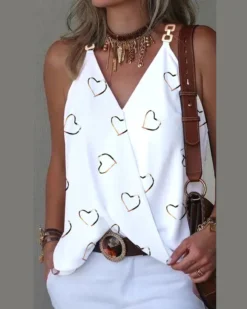 Women Summer Simple V-Neck Metal Buckle Printed Vest Top -Women Fashion Shop ef623dc2033d81b8