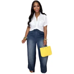 Women Casual Lace Wide Leg Denim Pants With Belt -Women Fashion Shop ef6bdc475649b0dc