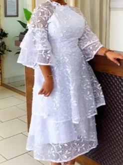 Mesh Lace Bell Bottom Sleeve High Waist Round Neck Women's Dress Evening Gown -Women Fashion Shop ef9e2296130cab35