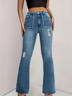 Women American Contrast Color High Waist Patchwork Raw Edge Pockets Style Denim Pants Jeans -Women Fashion Shop f1576ff59b5a904f