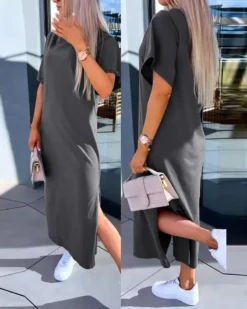 Solid Color Short-Sleeved Slit Casual Long Dress 13 Solid Color Short-Sleeved Slit Casual Long Dress -Women Fashion Shop f1b46e0748db5a59