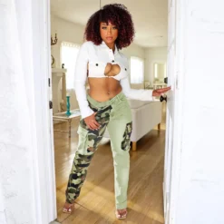 Women Camouflage Print Contrast Style Patch Pocket Denim Straight Leg Pants -Women Fashion Shop f1bbbbd390172cc7