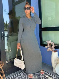 Women 's Solid Color Long Sleeve Hooded Slim Fit Dress -Women Fashion Shop f1f38f7524e05fea