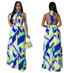 Women Halter Neck Backless Pleated Print Sleeveless Dress -Women Fashion Shop f29319e80a0a33aa