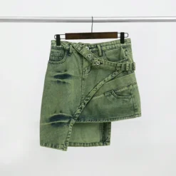 Trendy Belt Style Green Denim Skirt Women's Irregular Short Skirt -Women Fashion Shop f2dcac8ceefdce6b