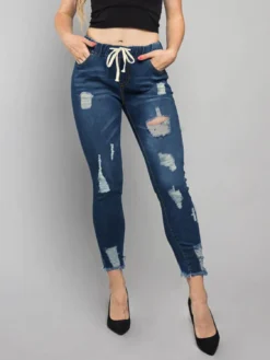 Women's Elastic Waist Ripped Denim Pants Women's Mid Rise Tie Slim Fit Stretch Tight Jeans -Women Fashion Shop f37f5baf17ac6bcd