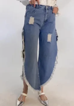 Women's Fashion Autumn Trendy High Waist Slim Fit Denim Tassel Ripped Wide Leg Pants -Women Fashion Shop f39605f9a1f62c7c