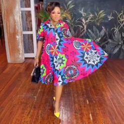 Printed V-Neck Zipper Short-Sleeved Plus Size Loose Dress -Women Fashion Shop f416385e5cb7963d