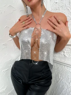 Women Sexy Backless Iron Hoop Strap Sequin Top -Women Fashion Shop f41db4e1dc0064a2