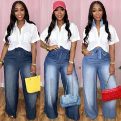 Women Casual Lace Wide Leg Denim Pants With Belt -Women Fashion Shop f5eb8e54105fe1da