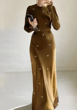 Women Round Neck Floral Long Sleeve Belt Bodycon Dress -Women Fashion Shop f62f3df5d706ff14