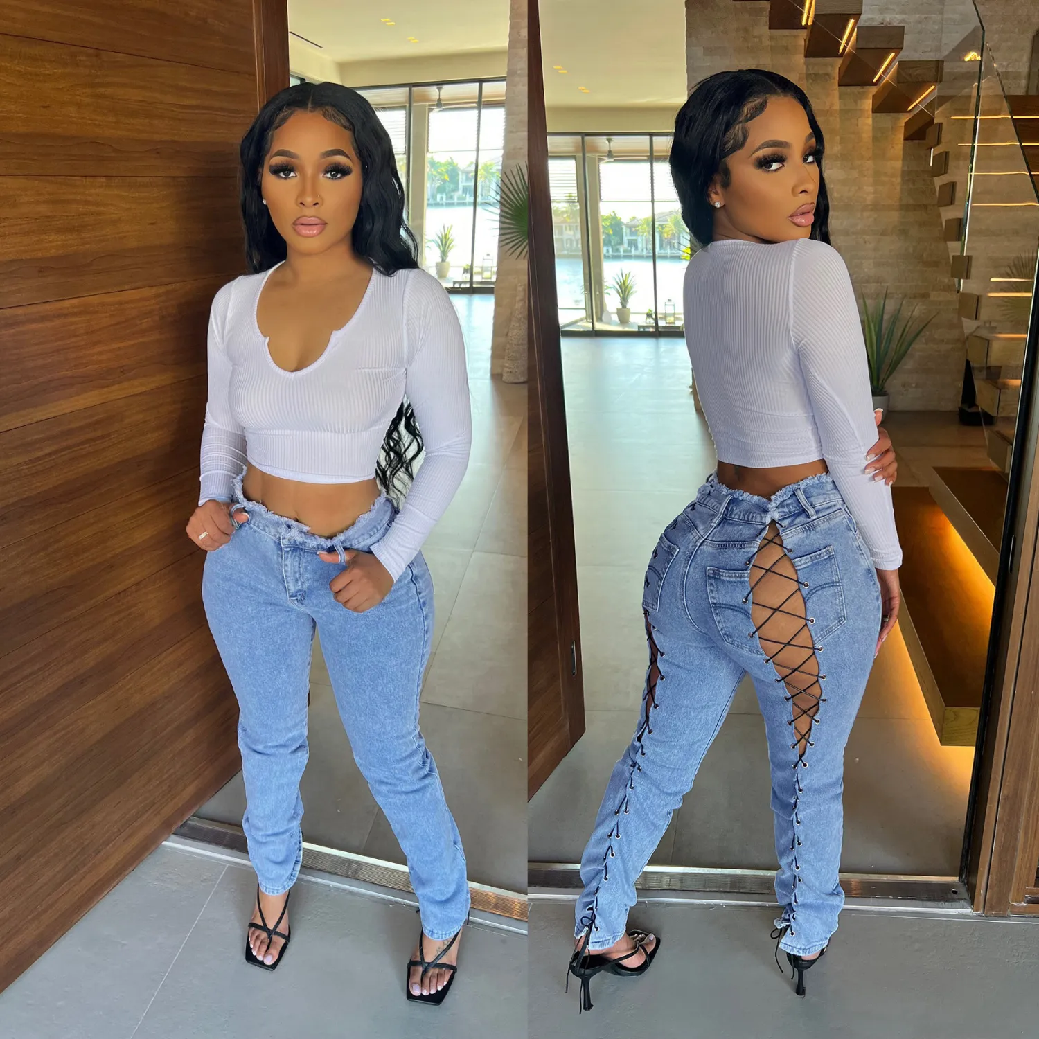 Women's Bandage Slim Fit Denim Ladies Long Pants 6 Women's Bandage Slim Fit Denim Ladies Long Pants - Image 4