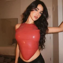 Women's Leather Simple Round Neck Sleeveless Irregular Vest Top -Women Fashion Shop f6b4fafe08b2fb75