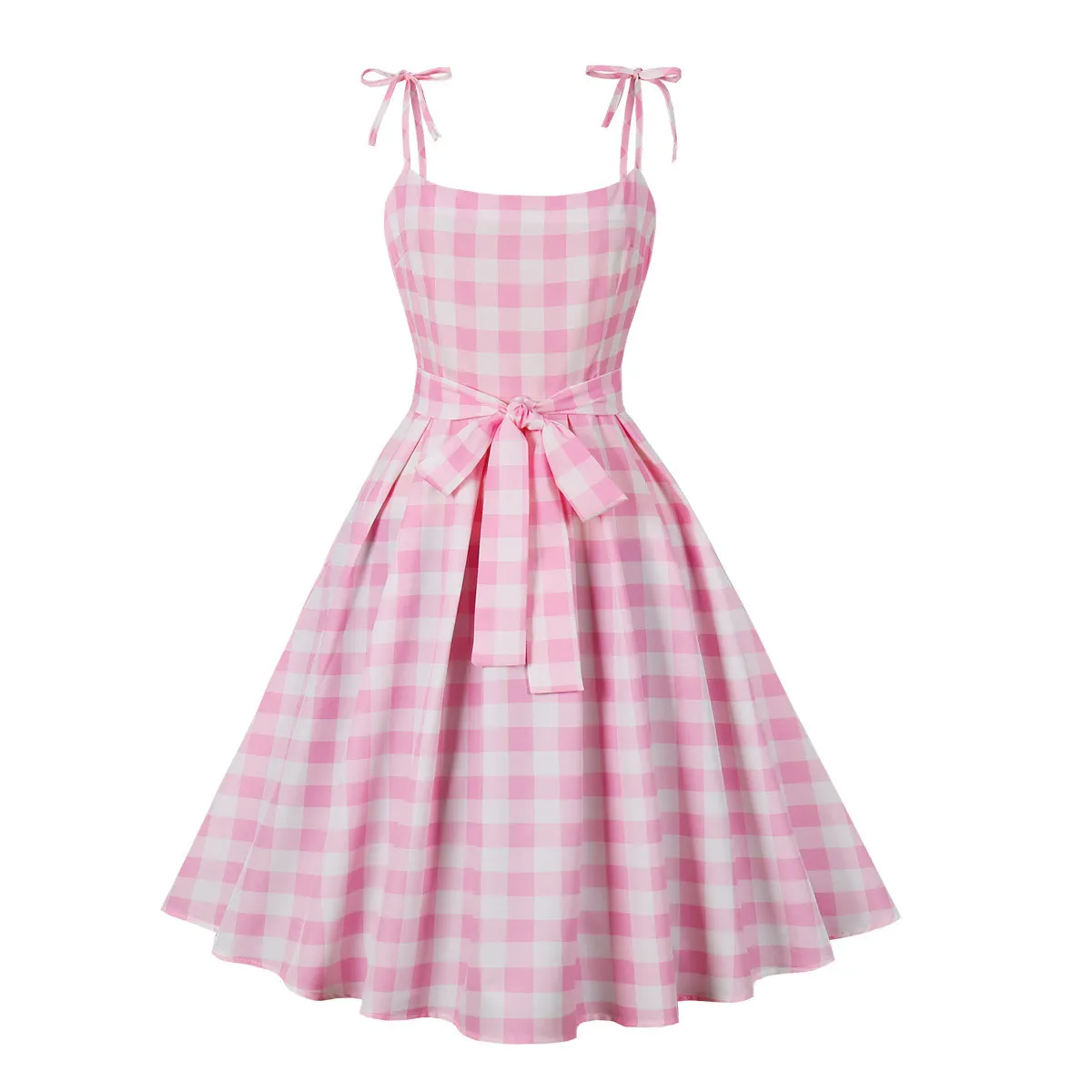 Women Summer Check Strap Sweet Bow Lace-Up Dress 7 Women Summer Check Strap Sweet Bow Lace-Up Dress - Image 5