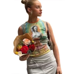 Summer Women's Round Neck Sleeveless Contrasting Color Printing Slim Fit Crop Vest For Women -Women Fashion Shop f79bc9235f2a1f5c