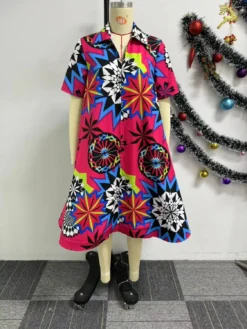 Printed V-Neck Zipper Short-Sleeved Plus Size Loose Dress -Women Fashion Shop f7a7caff204c1171