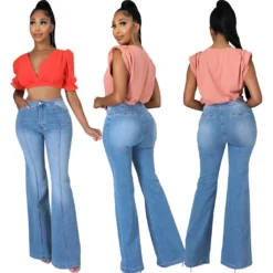 Trendy Patchwork Washed Denim Stretch Slim Bell Bottom Pants Flared Jeans -Women Fashion Shop f7be390f84cdb85d