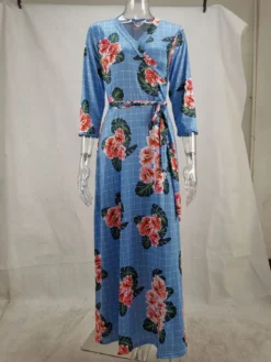 Autumn Three Quarter Sleeve Floral Printed Women's V Neck Maxi Dress -Women Fashion Shop f81df63db293e06b