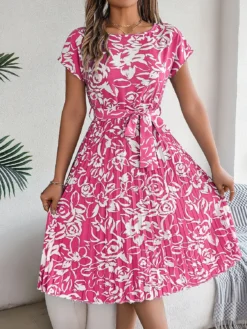 Spring Summer Elegant Floral Short-Sleeved Casual Belt Pleated Dress -Women Fashion Shop f84335b88df13dd5