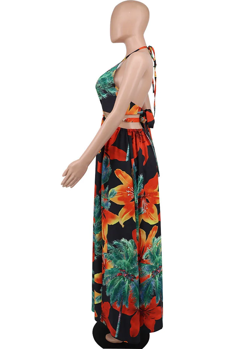Women's Floral Printed Halter Blackless Slit Maxi Dress 11 Women's Floral Printed Halter Blackless Slit Maxi Dress - Image 9
