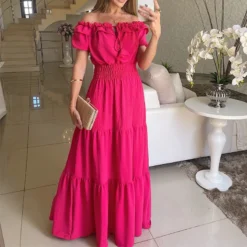 Spring Women's Fashion Chic Off Shoulder Short Sleeve A-Line Long Dress -Women Fashion Shop f8c45884d95fe7c4