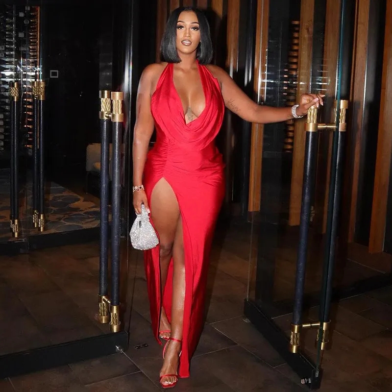 Women Sexy V Neck Halter Neck Backless Slit Bodycon Dress 22 Women Sexy V Neck Halter Neck Backless Slit Bodycon Dress - Image 20