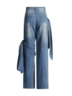 Lace-Up Pocket Wide Leg Straight Washed Denim Pants -Women Fashion Shop fa5aefe4621a405c