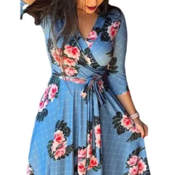 Autumn Three Quarter Sleeve Floral Printed Women's V Neck Maxi Dress -Women Fashion Shop faba27fd287014ed