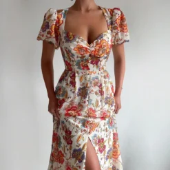 Women's Chic Career Floral Square Neck Sexy Slit Dress -Women Fashion Shop fadbf686c2ea842a