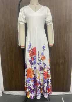 Women Spring And Summer Off-shoulder Short-sleeved V Neck Print Dress